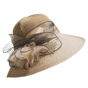 TAN/BROWN/GOLD CONVENTION CHIC CLASSY STRAW WOMAN BUCKET HAT WIDE BRIM MESH …